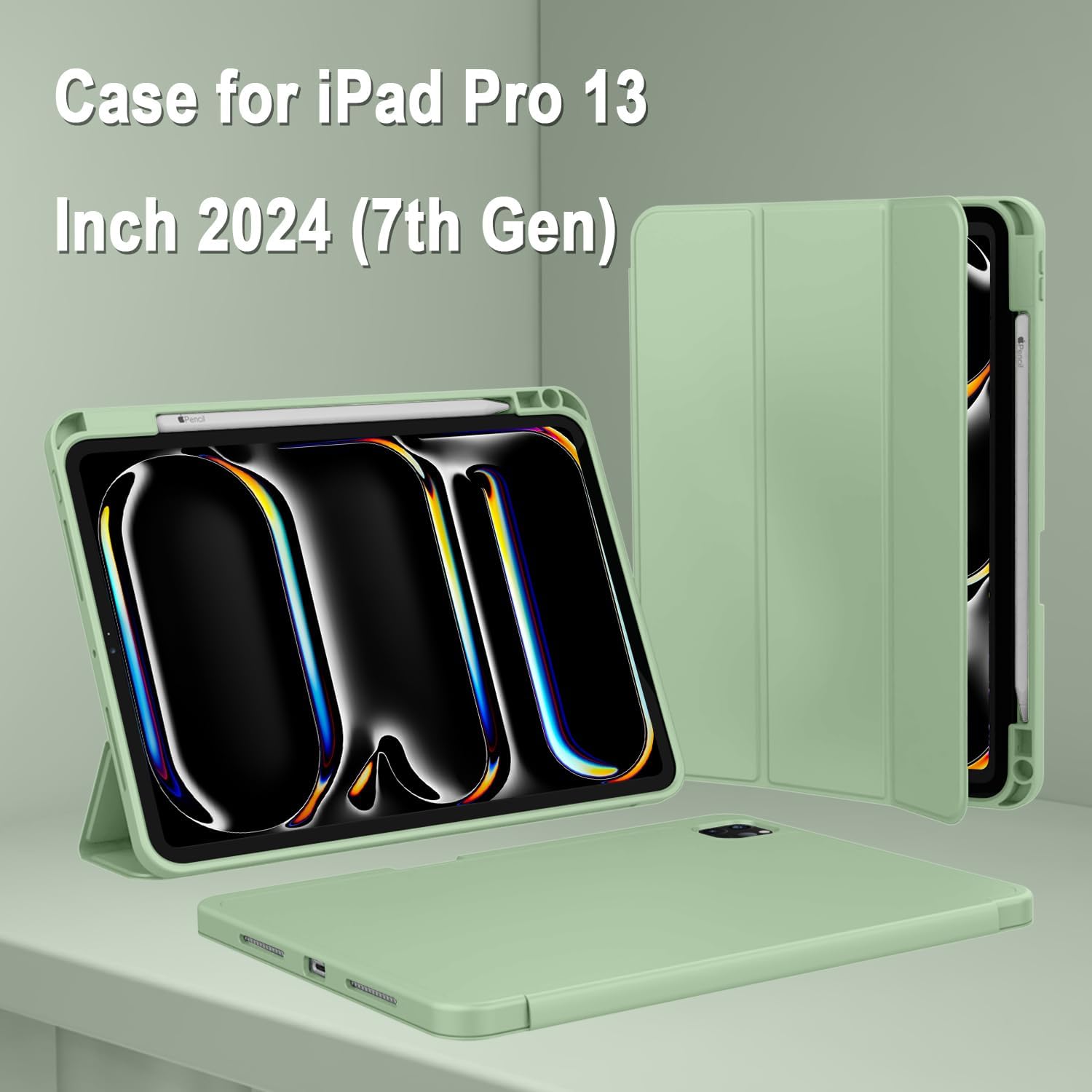 ZryXal New iPad Pro 13 Inch Case (M5) 2025 / (M4) 2024 with Pencil Holder, Smart iPad Case [Support Pencil Pro and Pencil (USB-C)], Support Touch ID and Auto Wake/Sleep (Matcha Green)