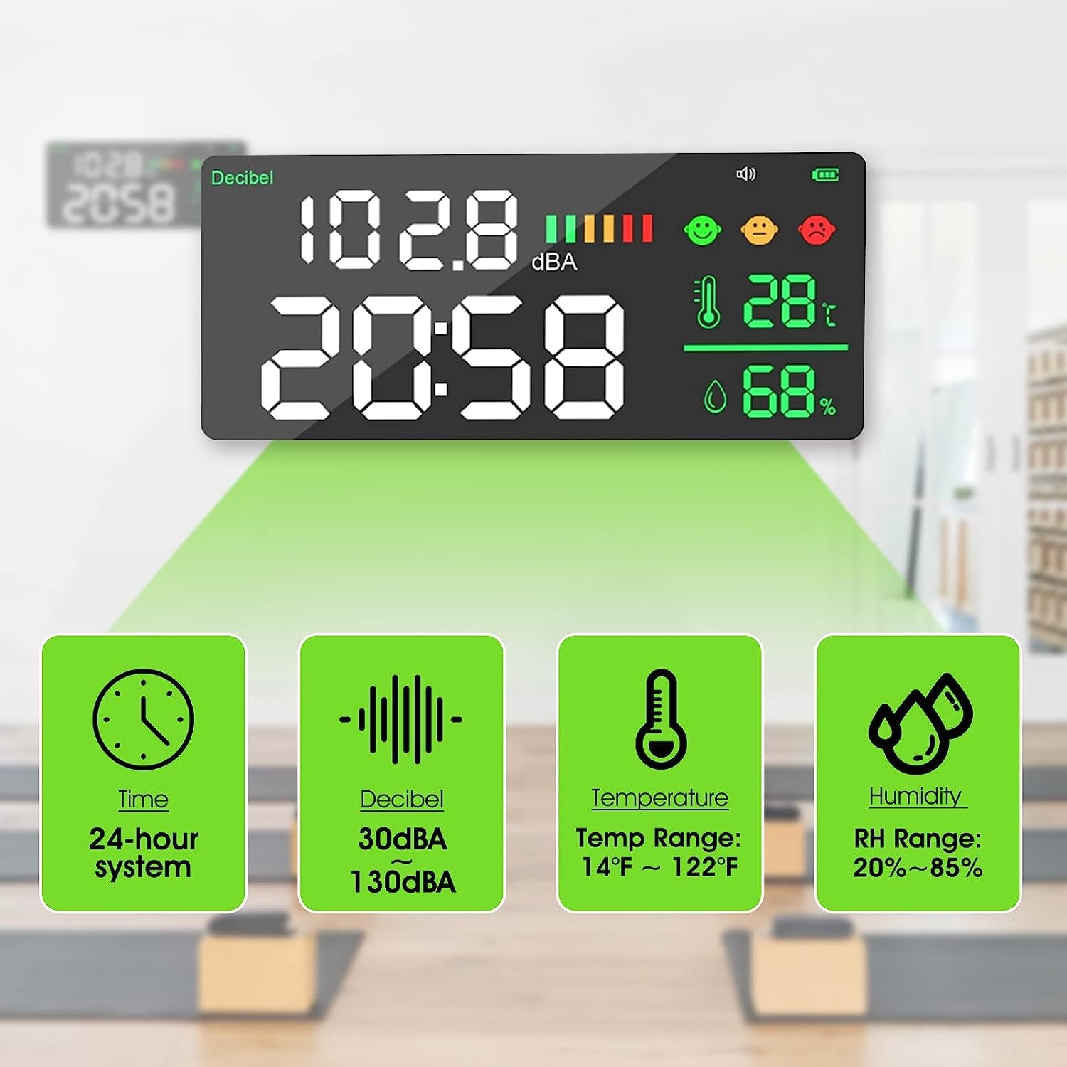 Kethvoz Sonometre Decibel Mesureur, Murale Bruit Testeur Horloge Mesure Niveau Sonore Humidité Température avec 11 pouces Ecran Affichage, Decibelmetre pour Salle de Classe Studio Hôpital