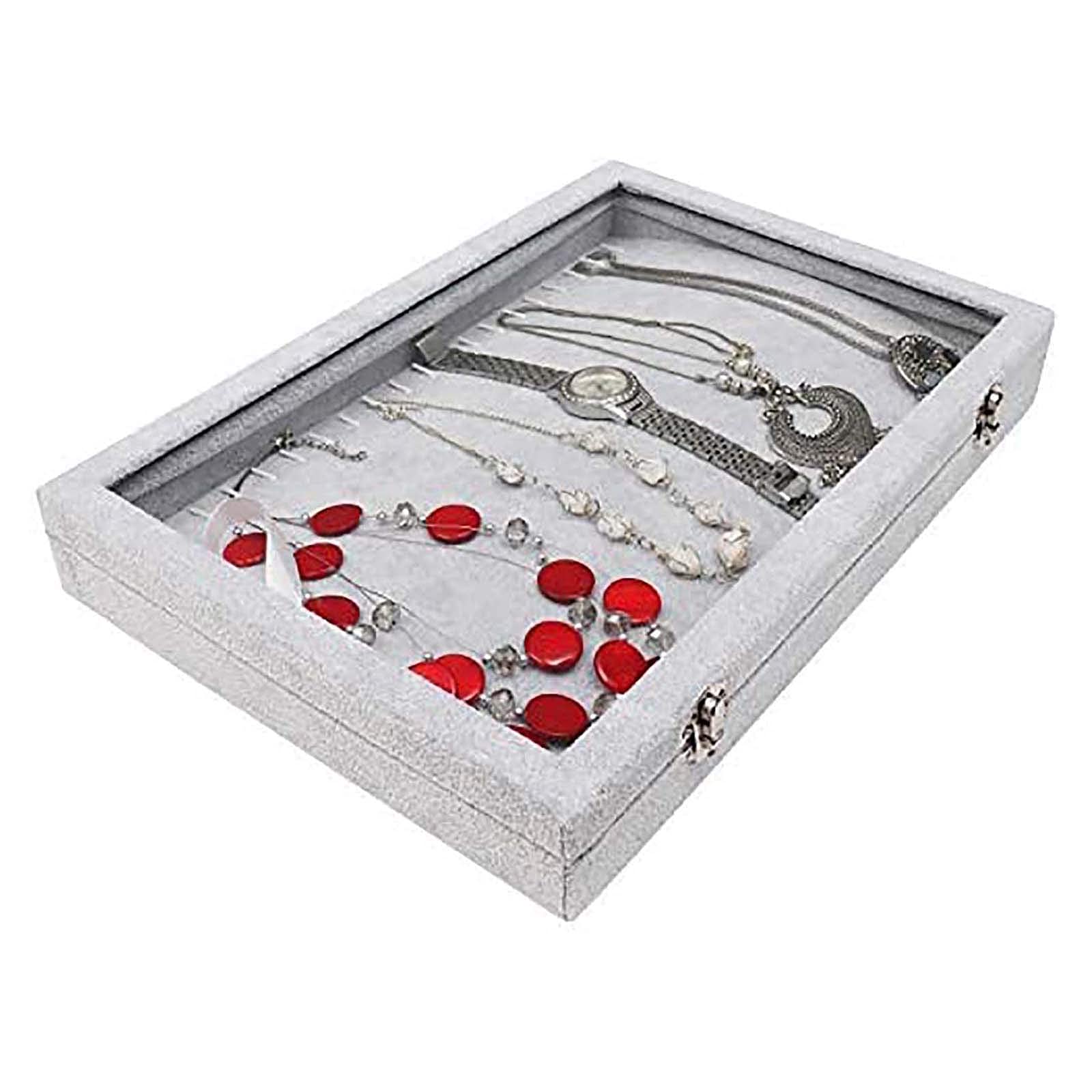NZPOST Caja de almacenamiento para collares, caja expositora de terciopelo gris con 20 ganchos y tapa de cristal con cerradura, joyero f