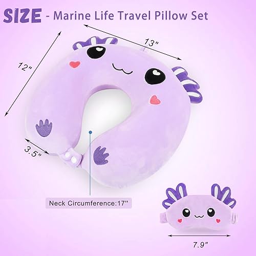 Vista 42 de Almohada de viaje, almohada de viaje para niños con máscara de ojos para dormir, almohada de espuma viscoelástica suave para niños y niñas, Ajolote