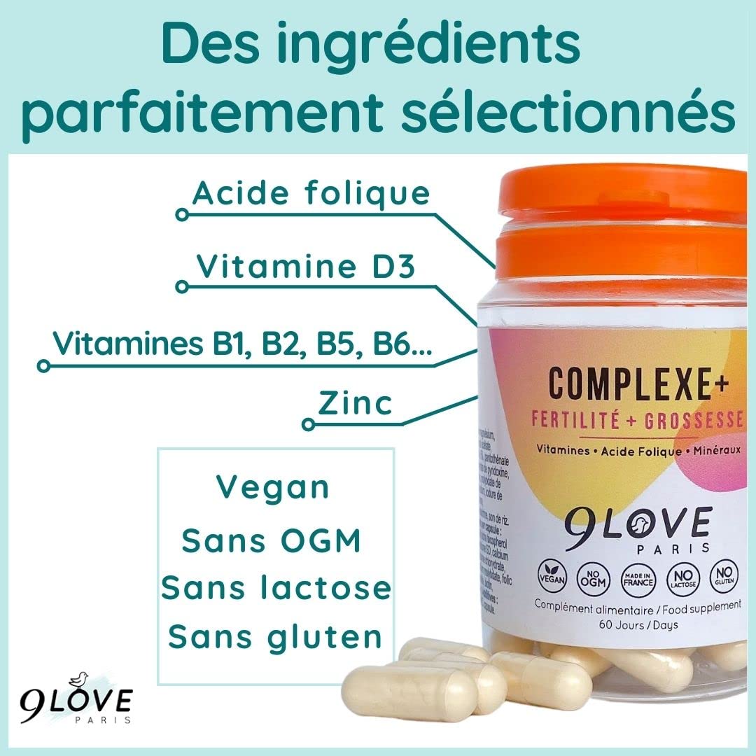 9LOVE - Acide Folique Vitamine B9 - Complément Grossesse, Conception et Fertilité - COMPLEXE+ 60 capsules - 13 Vitamines, Minéraux et compléments dont B12, D3, Iode, Zinc