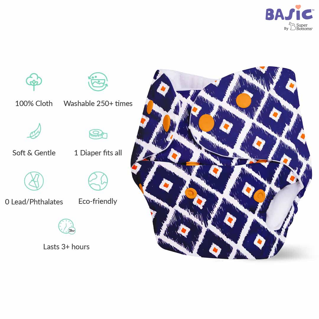 Superbottoms Basic Leakage-proof advanced cloth diapers for babies, High Absorbent 100% cotton 1 reusable diaper and 1 insert pad Combo Pack washable cloth diaper 3M -3Years Adjustable, Reduces Rash 4