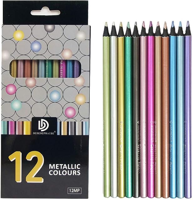 NA 12 Pcs Colour Drawing Pencils Black Wooden Metallic Colouring Pencils for Adult Kids Beginner Artist Painting