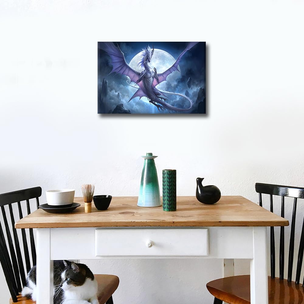 TISHIRON Dragon Poster Wall Decor Green Dragon Paintings on Canvas 1 Pcs Fantasy Animals Artwork Home Psychedelic Room Home Decor for Living Room Framed Ready to Hang Posters and Prints 18x12in - Image 3