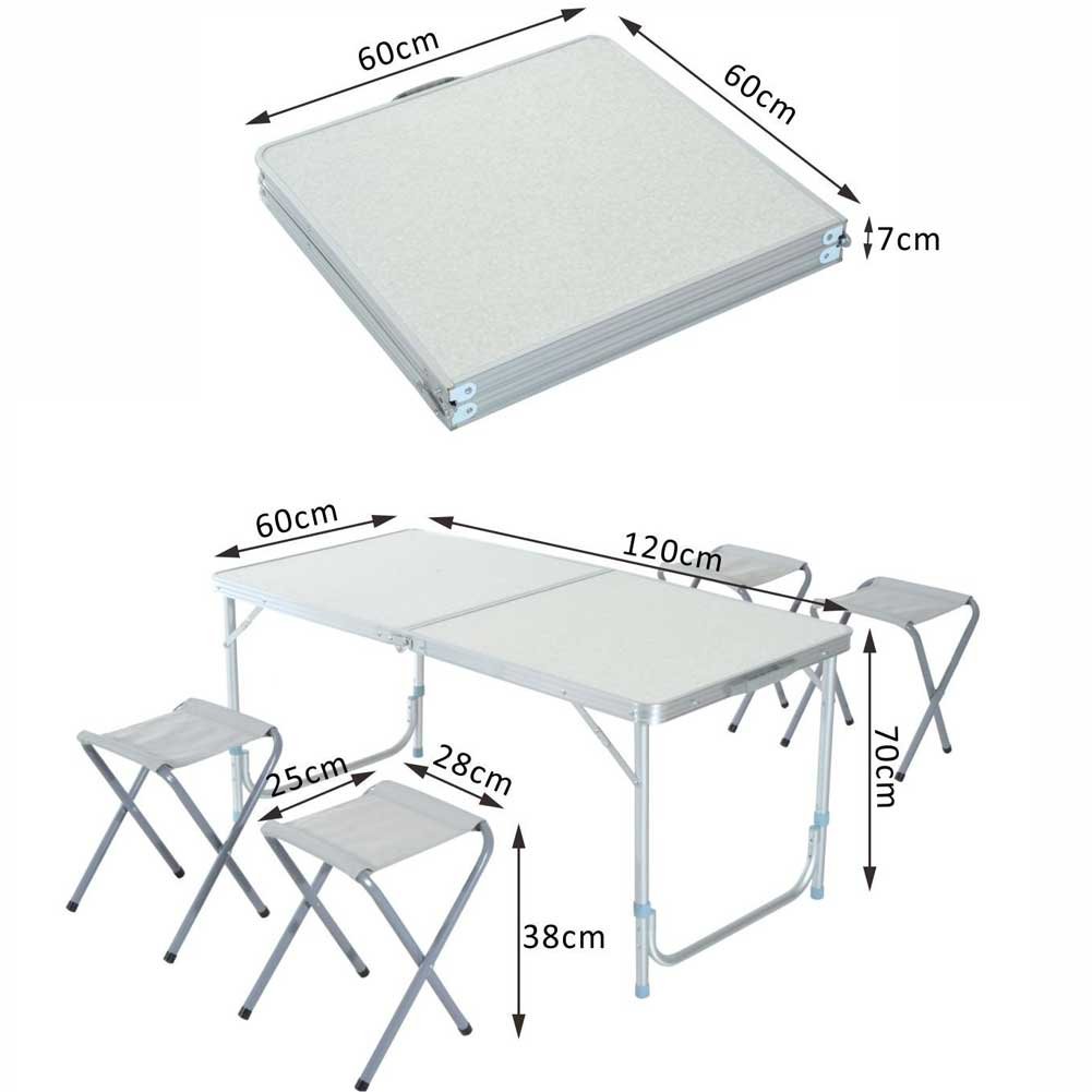 BAKAJI Table de Camping 120 x 60 cm réglable en Hauteur et Pliable - Format Valise, Facile à Transporter, idéale pour Jardin, Plage, Pique-Nique - avec 4 tabourets pliants en Aluminium