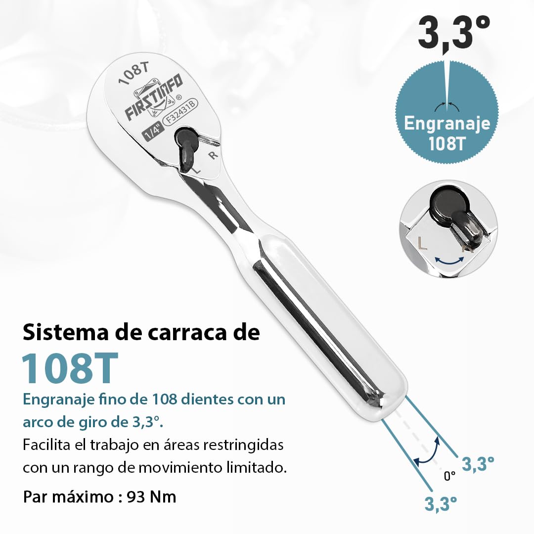 FIRSTINFO F32431B Llave de carraca 1/4″(6,35 mm) – cabeza sellada 108 dientes | mango reversible compacto | cabeza cerrada a prueba de polvo en forma de lágrima