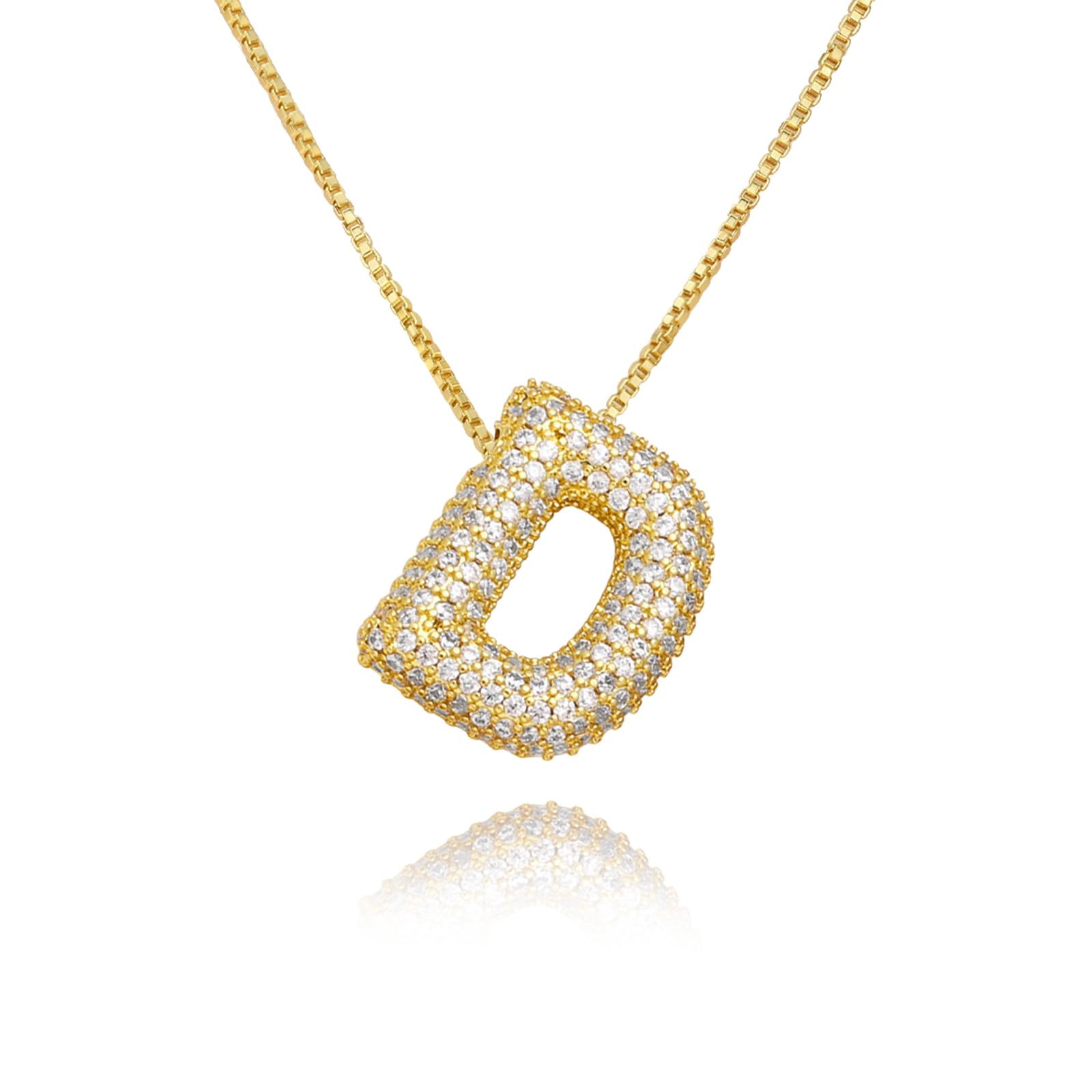 18K Bubble Letter Necklace Gold for Women, Chunky Gold Necklace Rhinestone Initial Necklaces for Girls as Valentines Birthday Gifts Charm Puff Name Pendant Alphabet Non Tarnish Valentines Jewelry