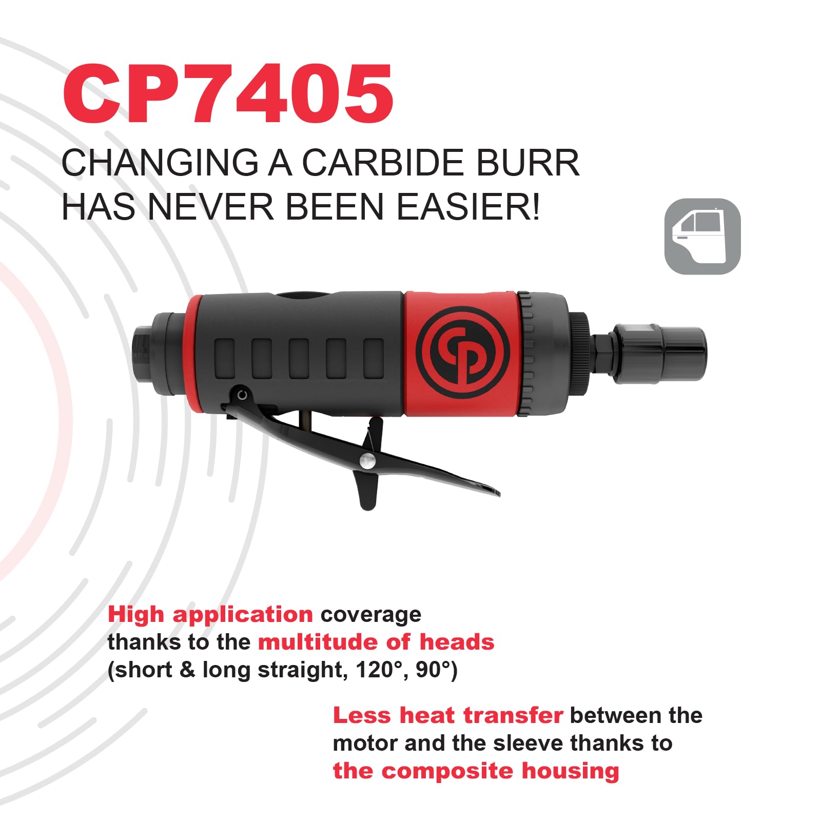 Chicago Pneumatic - CP7405 - Meuleuse pneumatique 6 mm - Puissance maximale : 0,34 hp - 6,4 mm - 28 000 tr/min, rouge