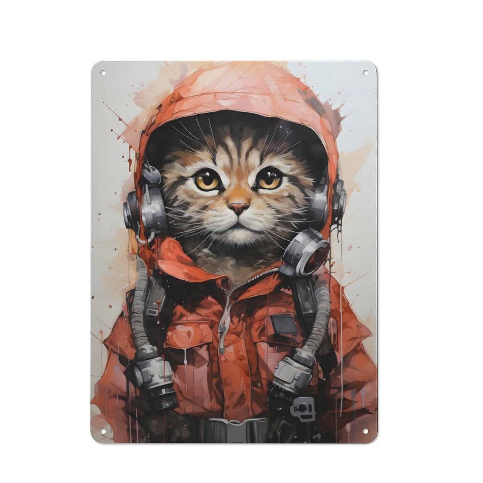 Cat Aviator in Orange Printed Metal Sign 40x30cm for Café Or Home Bar, Housewarming Wall Decor for People Furnishing Café And Home Bar