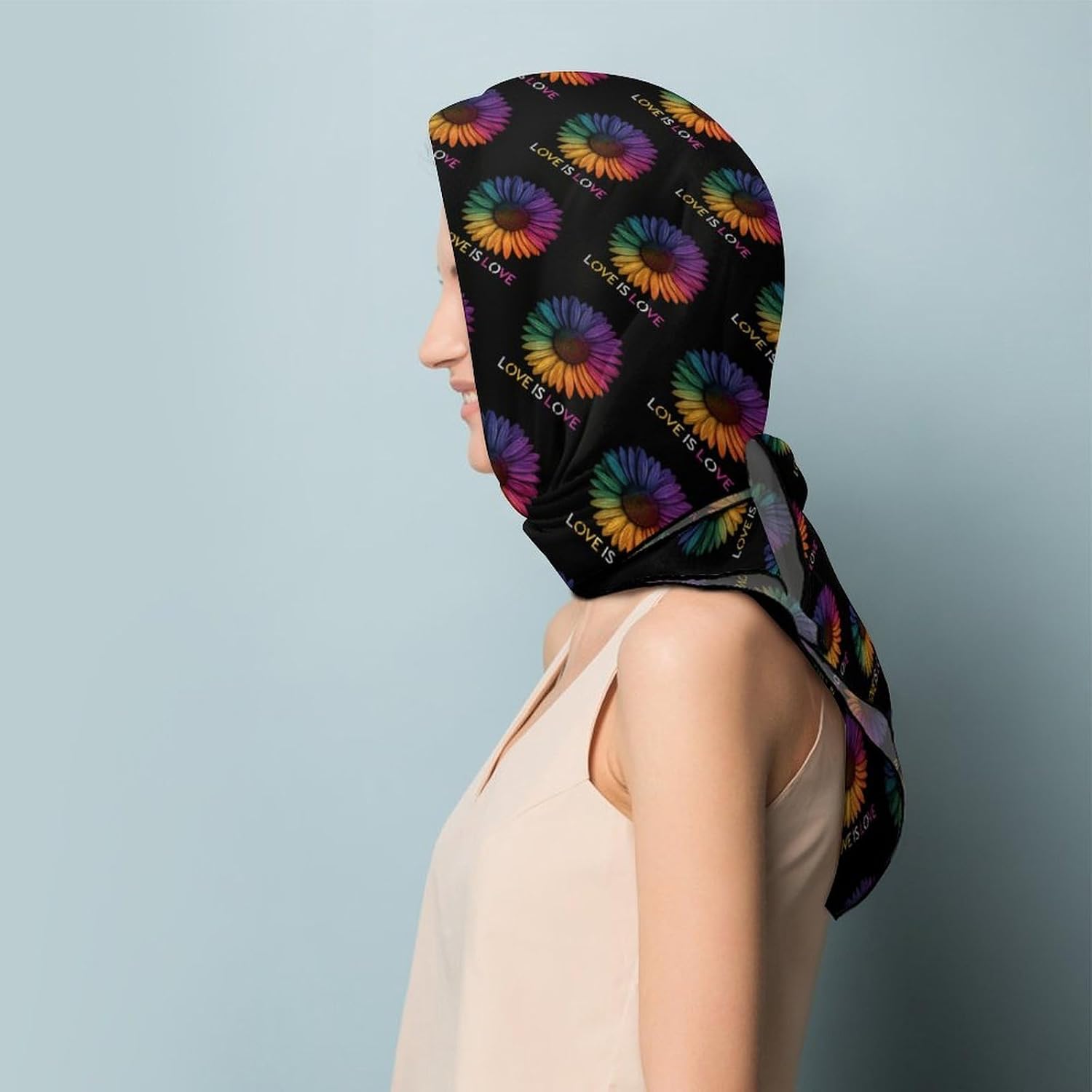 Rainbow Sunflower Love Is Love Silk-Like Square Scarf for Women Vintage Printed Neck Scarf Bandanas Hair Scarves