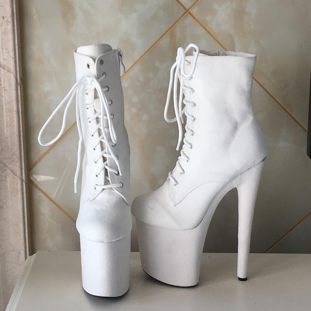 denova's Damskie buty na wysokim obcasie sznurowane duży rozmiar platforma striptizerka taniec na rurze buty do połowy łydki z zamkiem błyskawicznym, Biały zamsz, 42.5 EU