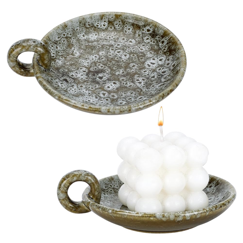 PH PandaHall 2pcs Vintage Ceramic Candle Tray, Incense Holder Rustic Candle Holder with Handle Olive Green Plate Cup Holder for Tea Lights Pillar Candles Cup Home Decor Housewarming Decoration, 4.9"
