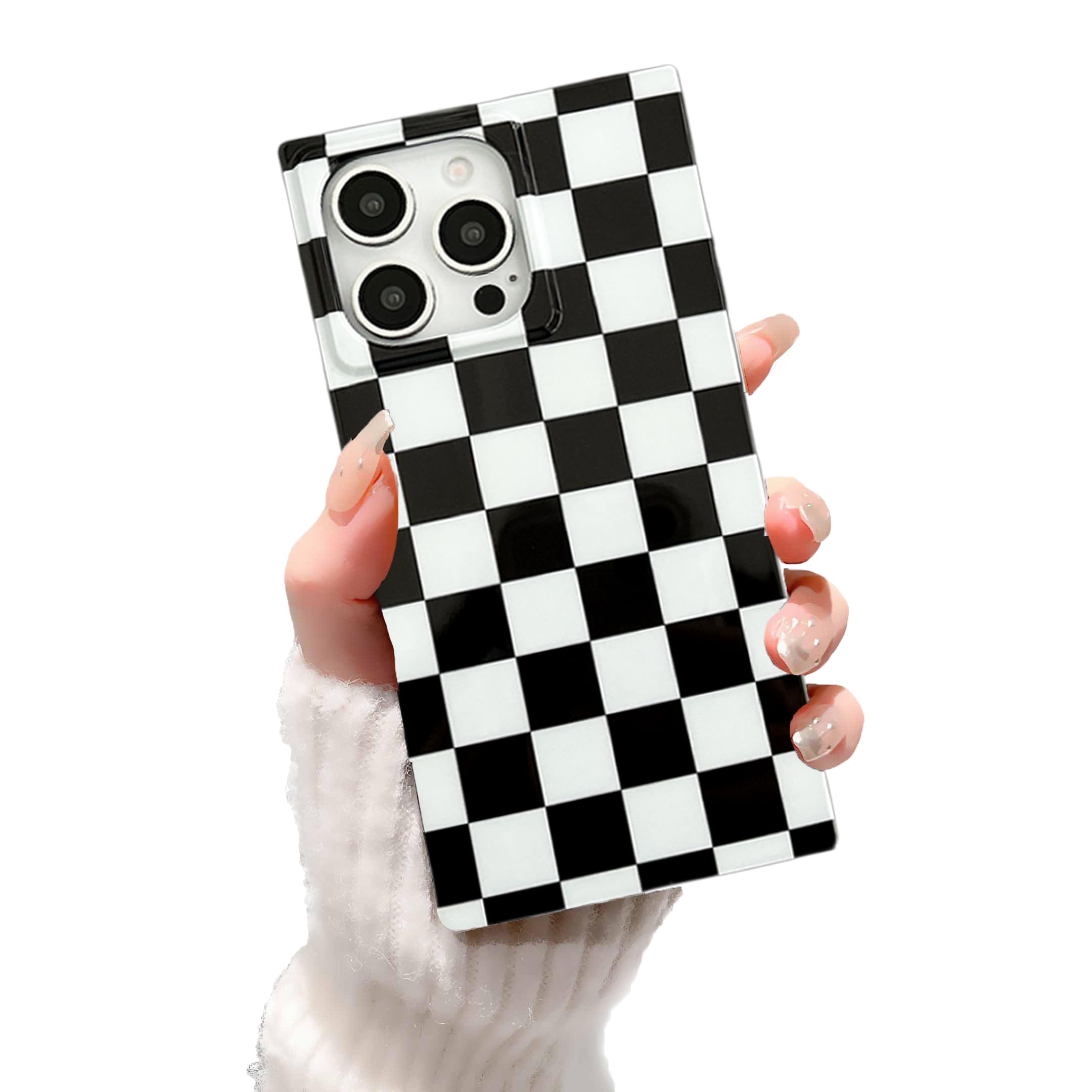 YonMeet Black White Checkered Phone Case Compatible for iPhone 16 Pro Trendy Cool Girs Women Chic Slim Glossy Soft Shockproof Protective Bumper Phone