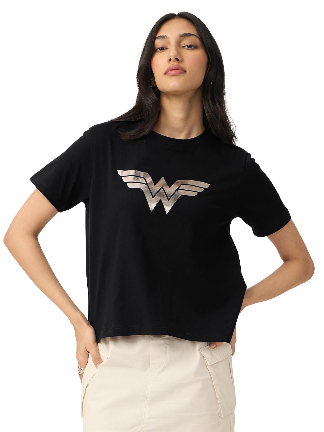 the souled store Wonder Woman: Logo Women and Girls Short Sleeves Round Neck Black Graphic Printed Cotton Relaxed Fit T-Shirts-picture-52