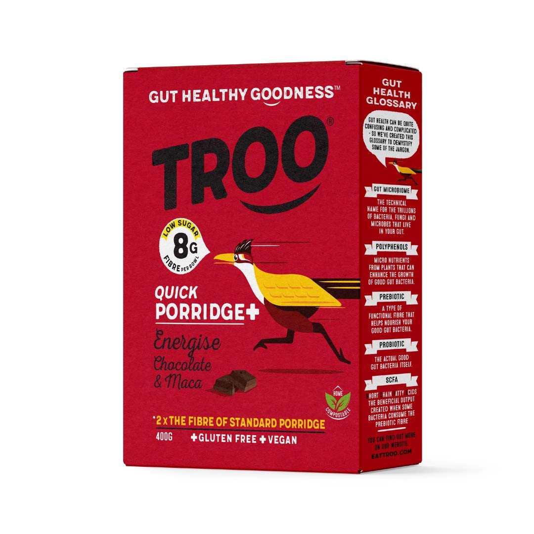 Troo Energise Porridge+ Chocolate & Maca | Gut Healthy Goodness | High Fibre | Low Sugar | Gluten Free | Vegan | Eco Friendly | Natural Ingredients | Healthy Breakfast | 400G | 1 Box