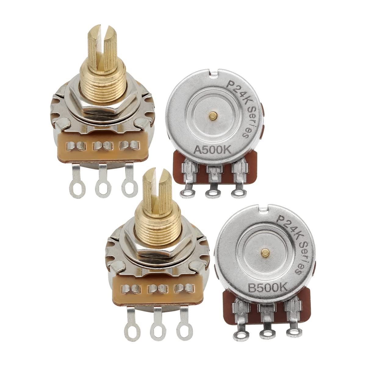 FLEOR Long Brass Shaft Control Pots A500K+B500K Potentiometers Set 24 Spline Split Shaft D3/8" for Electric Guitar Control Volume Tone (Set of 2A2B)