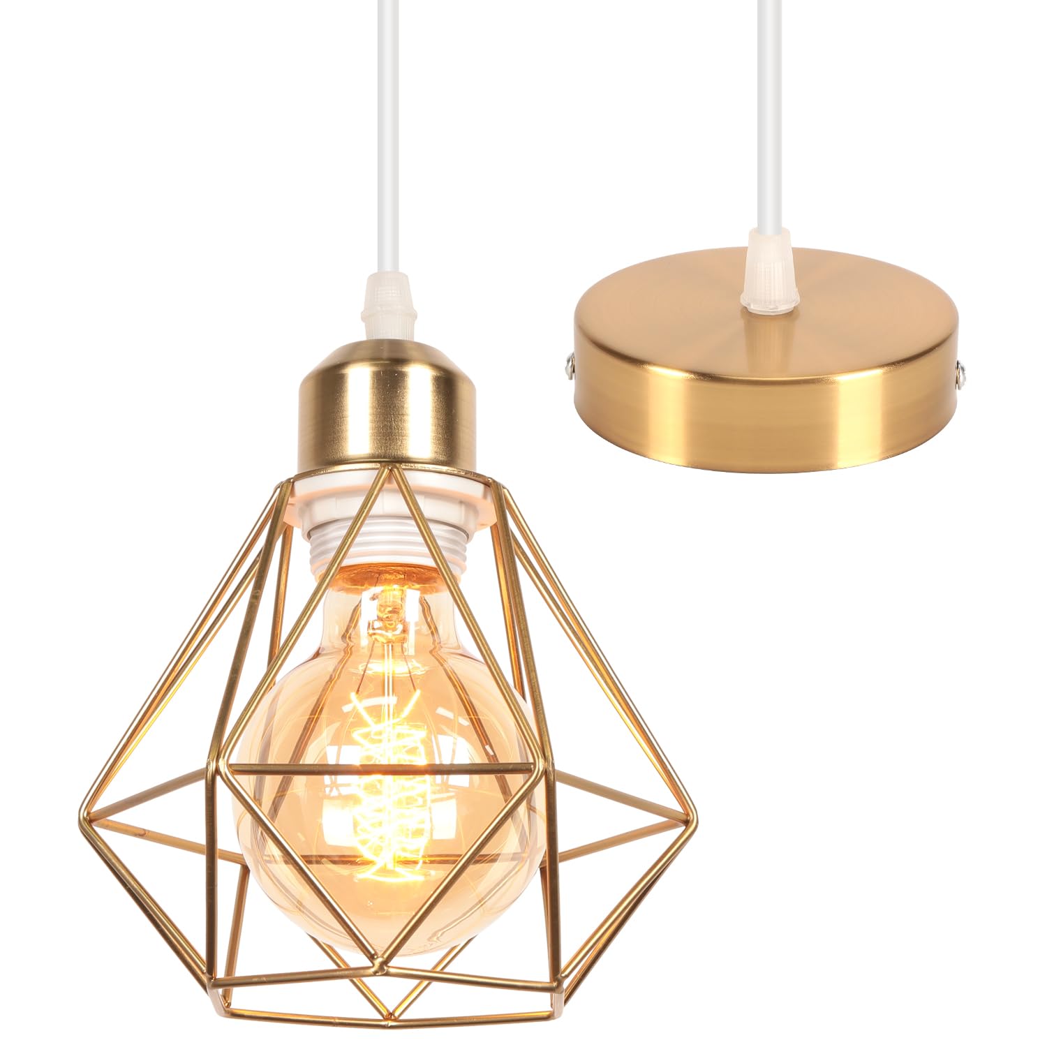 iDEGU Vintage Ceiling Pendant Light Fitting, 16cm Geometric Cage E27 Industrial Hanging Light Fixture Metal Chandelier Lamp Shade for Bedroom Living Room Dining Room (Gold, 1-Light)