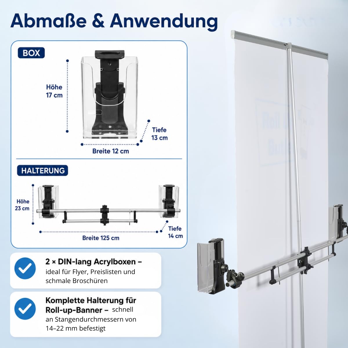 Flyerhalter mit 2 DIN-lang Akrylboxen für Roll-Up – Prospekthalter für Flyer, Broschüren & Tablets – für Messe, POS & Verkauf (Breiter Flyerhalter für Roll-Ups)