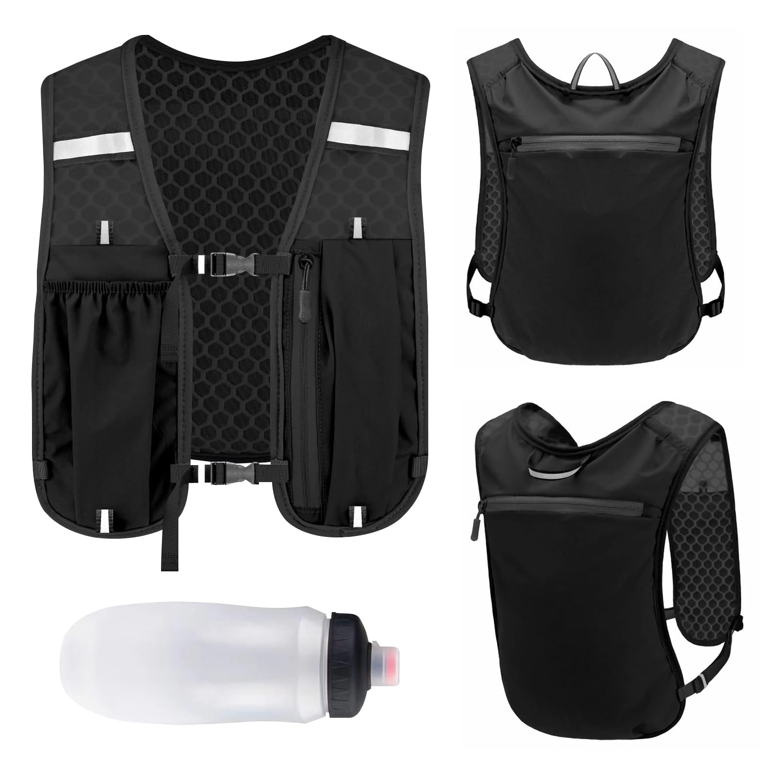 Gilet de course pour homme et femme - Réfléchissant - Ultra léger et respirant - Avec 4 poches et grand compartiment à eau de 2 l - Pour jogging, marathon, cyclisme, Noir , taille unique
