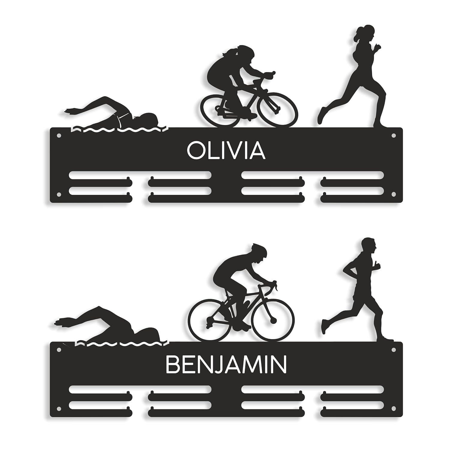 Porta Medaglie Triathlon in Metallo - Espositore per Medaglie da corsa, bici, ciclismo e nuoto - Organizzatore di Medaglie Sportive - Supporto da Parete per Atleti - Regalo per triatleta (Design 1)