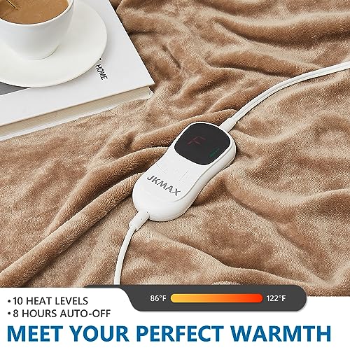 JKMAX Electric Heated Blanket - 10 Heating Levels, Auto Off, Ultra Soft Overheat Protection, Queen Size 84" x 90", Beige
