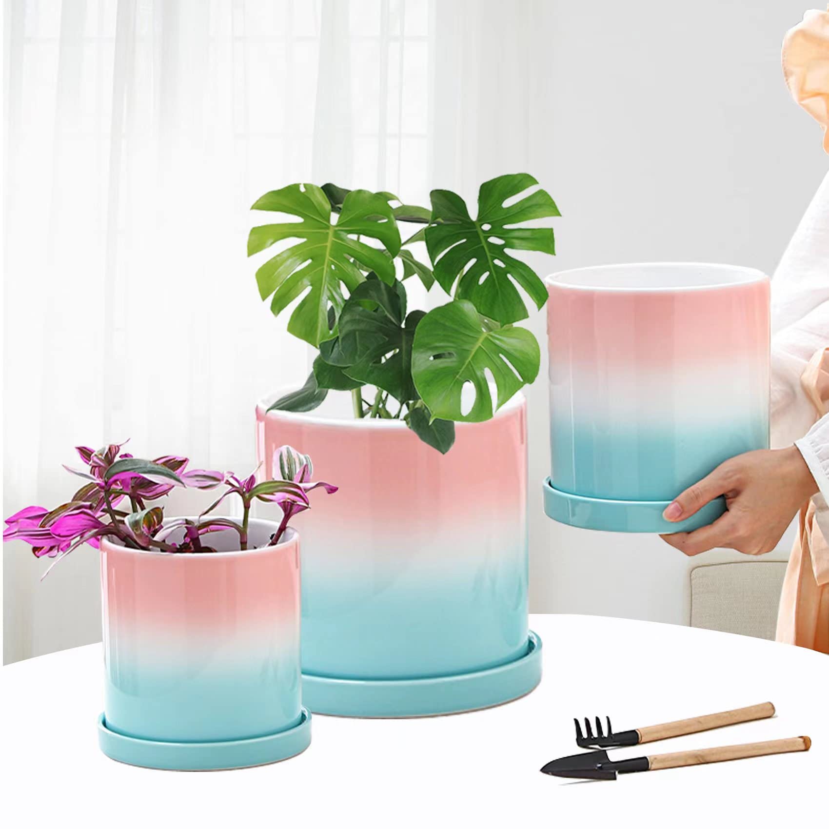 Amazon.co.jp: XIEESANN 陶器製植木鉢 ストレート ブルー ピンク 艶