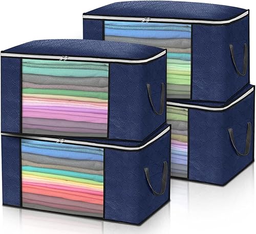 Miniatura 8 de Bolsas de almacenamiento grandes de 90 litros, paquete de 4 organizadores plegables de armario y almacenamiento con asas duraderas, tela gruesa para