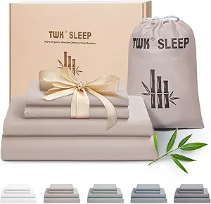 TWK Luxury Sheet Set, Genuine 100% Organic Viscose Derived from Bamboo, Cooling & Breathable, Silky Soft, Bedding Sheets & Pillowcases (Sand, Full)
