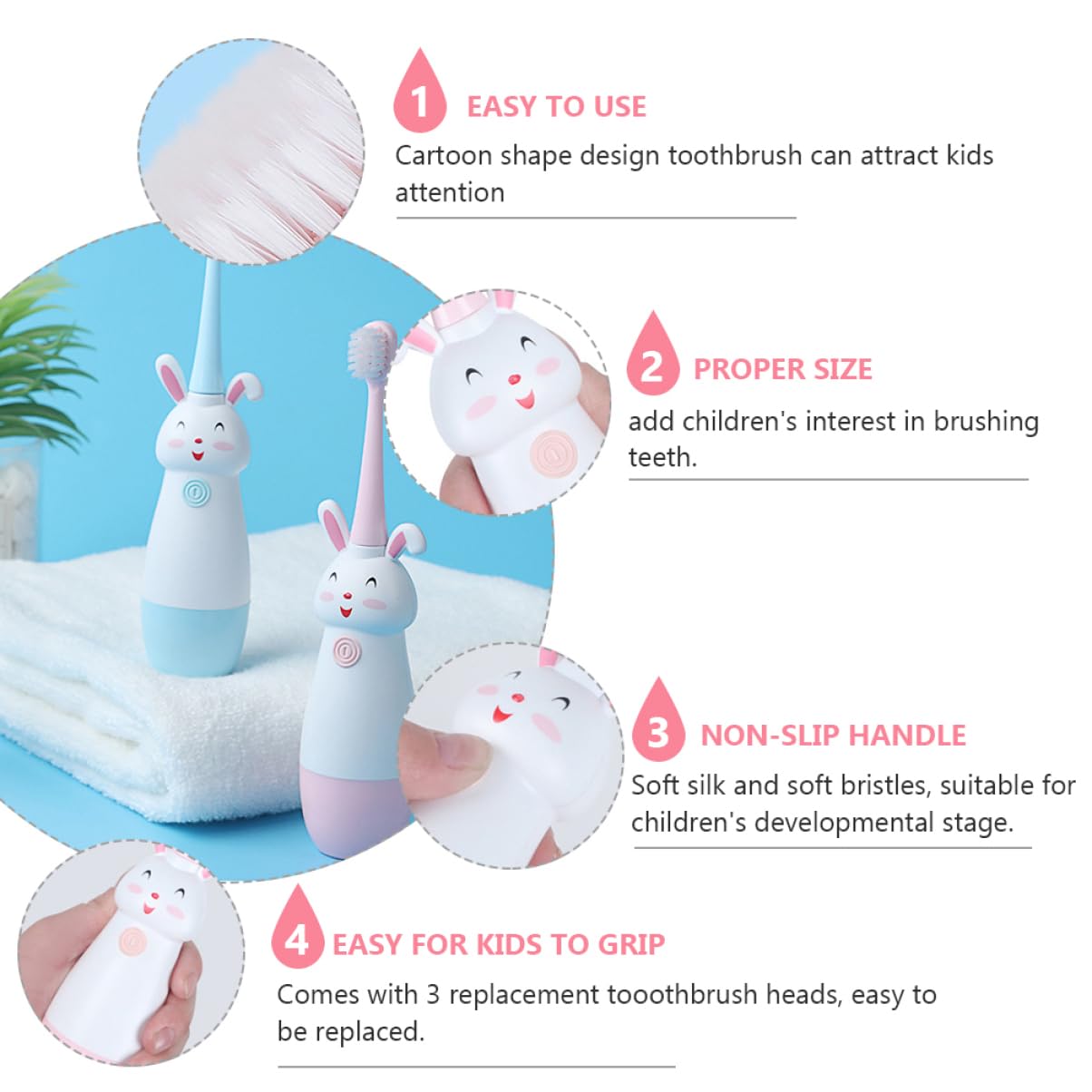 Healeved 3 Set spazzolino elettrico ragazzo sonico scovolini dentali spazzolino denti scovolino denti spazzolino elettronico ricaricabile pulisci denti elettronico addominali rosa