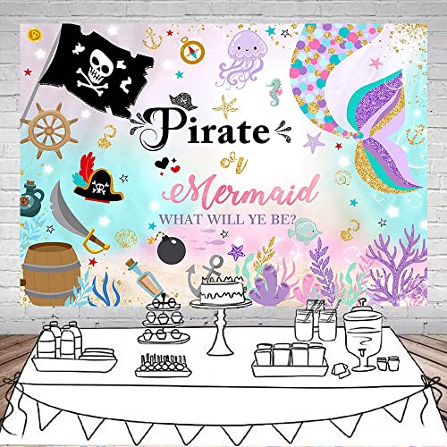 Mocsicka Mermaid or Pirate Gender Reveal Backdrop Ocean Baby Shower Sprinkle Party Decoration Under The Sea Baby Gender Reveal Party Photo Studio Background Banner (7x5ft)
