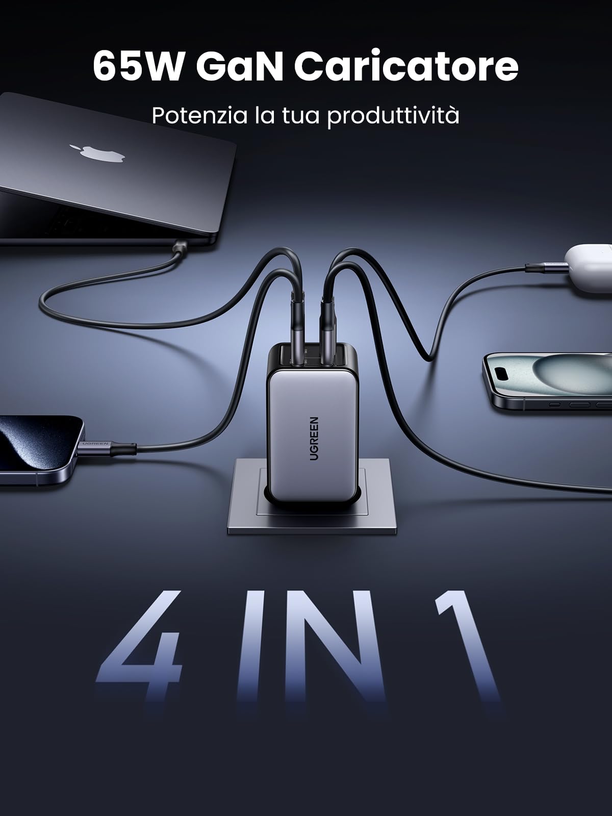 UGREEN Nexode 65W Caricatore 3 USB C e 1 USB A, Caricabatteria GaNInfinity USB C Compatibile con iPhone 16 Pro Max Plus 15 14 12 Galaxy S24 Ultra Plus Pixel iPad MacBook Pro Air M3 M2 M1
