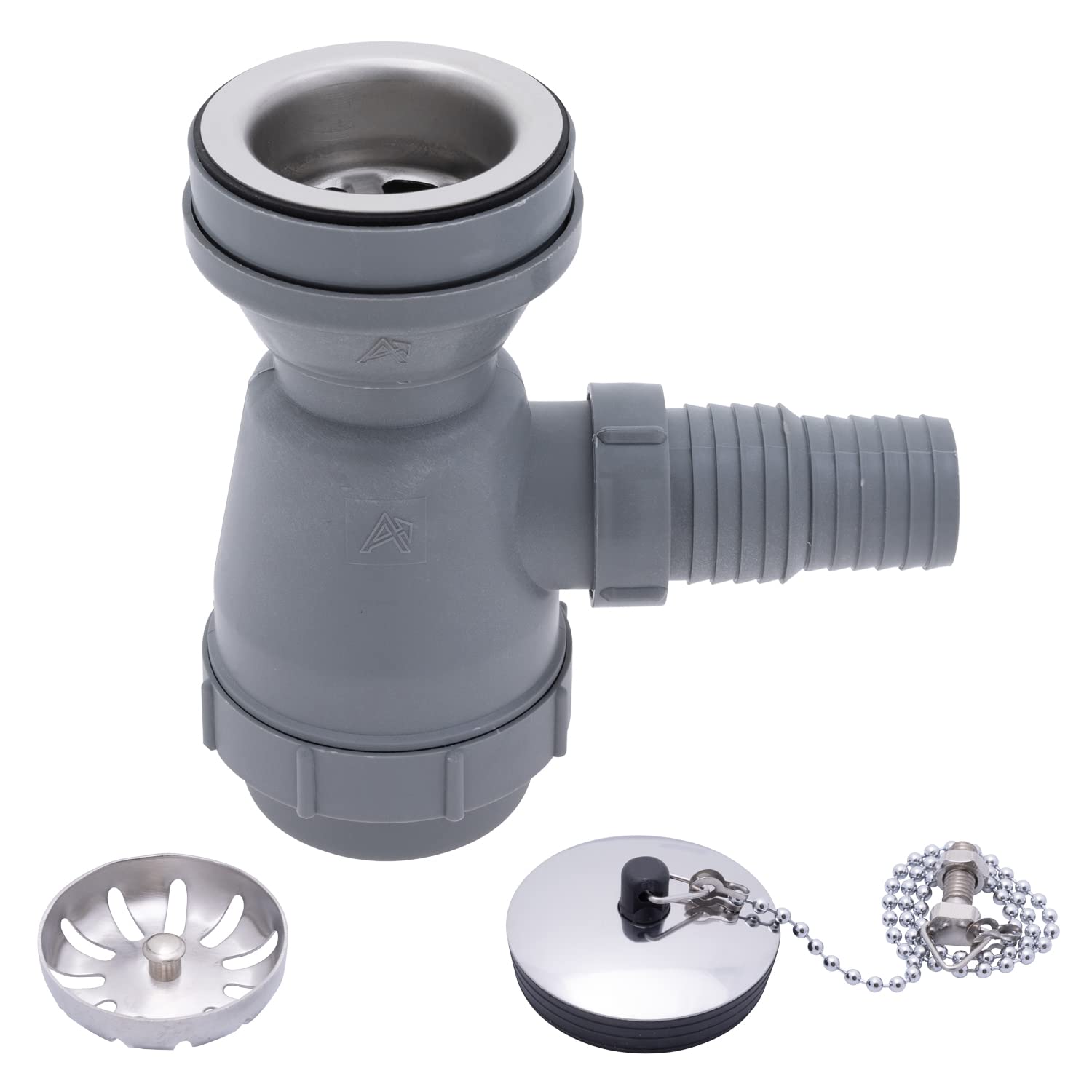 Ambassador Marine - 2 inch Drain, Trap Sink Drain, 1-1/4 inch & 1-1/2 inch Hose Barb, w/Strainer, w/Chain Stopper - Ultra-Mirror Finish - S00-1109-UP-W