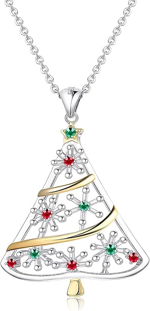 Sllaiss Christmas Tree Necklace for Women Christmas Necklace 925 Sterling Silver Necklace CZ Cubic Zirconia Pendant Necklace 18k Gold Plated Christmas Jewellery Gift Xmas Necklace Jewellery