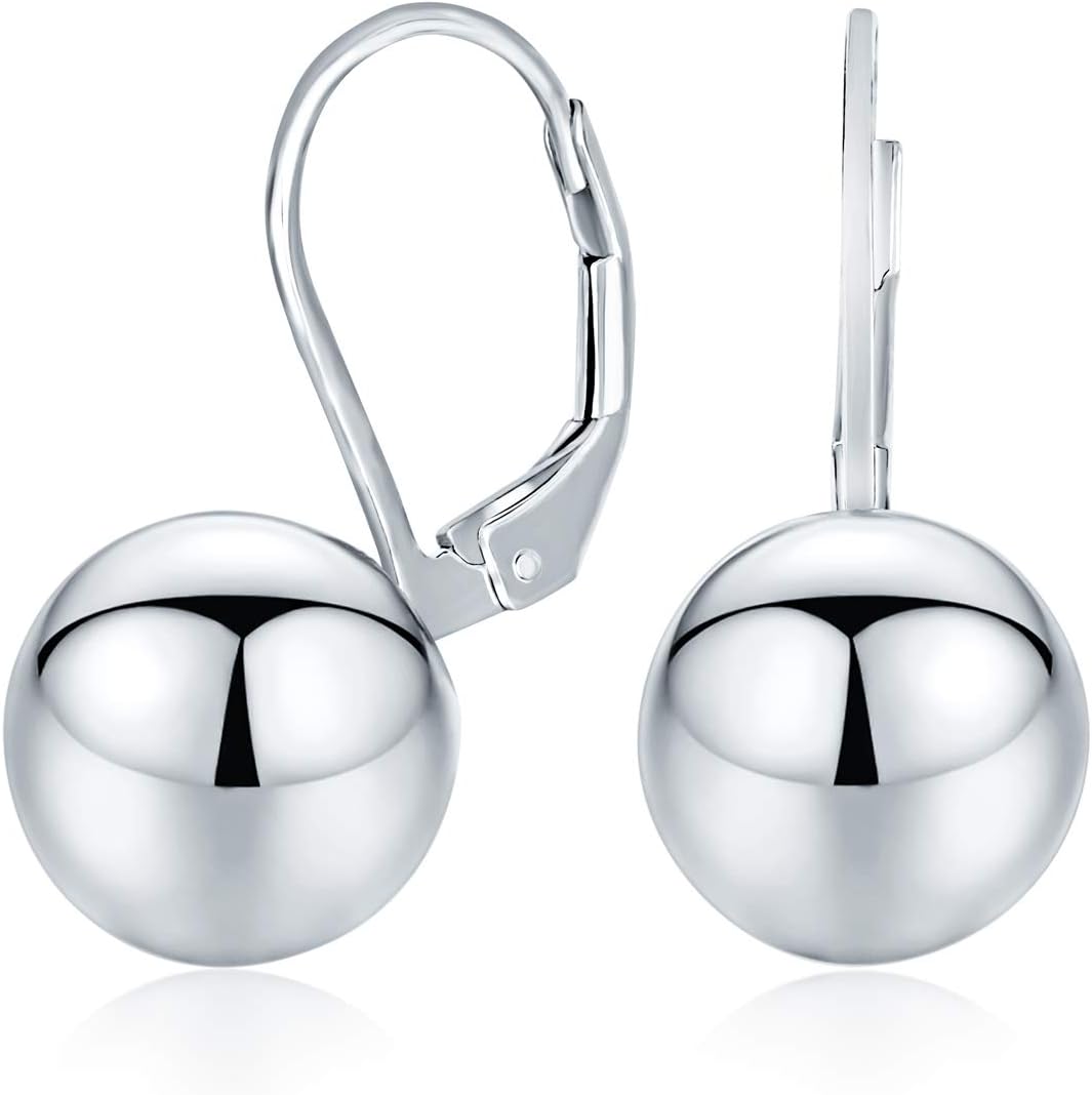 Classic Simple Basic Dangling Lever back Round Bead Ball Drop Earrings For Women .925 Sterling Silver 8MM