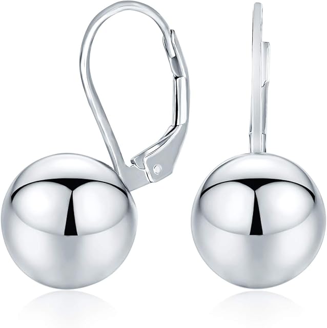 Classic Simple Basic Dangling Lever back Round Bead Ball Drop Earrings For Women .925 Sterling Silver 8MM