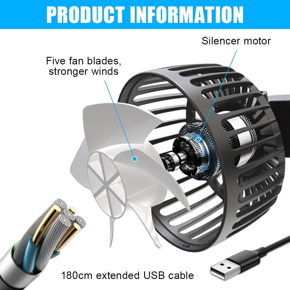 Ventilador del Asiento Trasero Con Doble Cabeza, 5V, 360° Giratorio 3 Velocidades, Clip para Vehículos Como Sedán, SUV, RV
