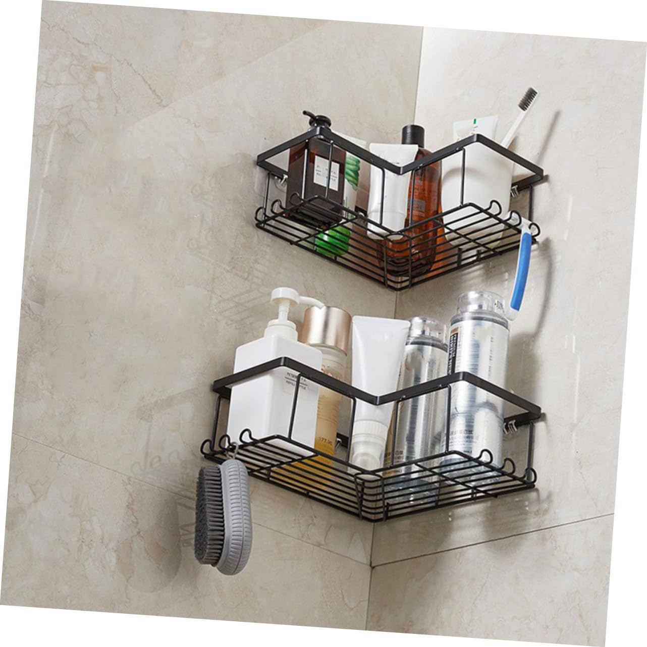 Mensola Doccia senza Foratura in Acciaio Nero 2pezzi Organizer per Bagno Angolare Adesivi Resistenti per Vasca e Parete