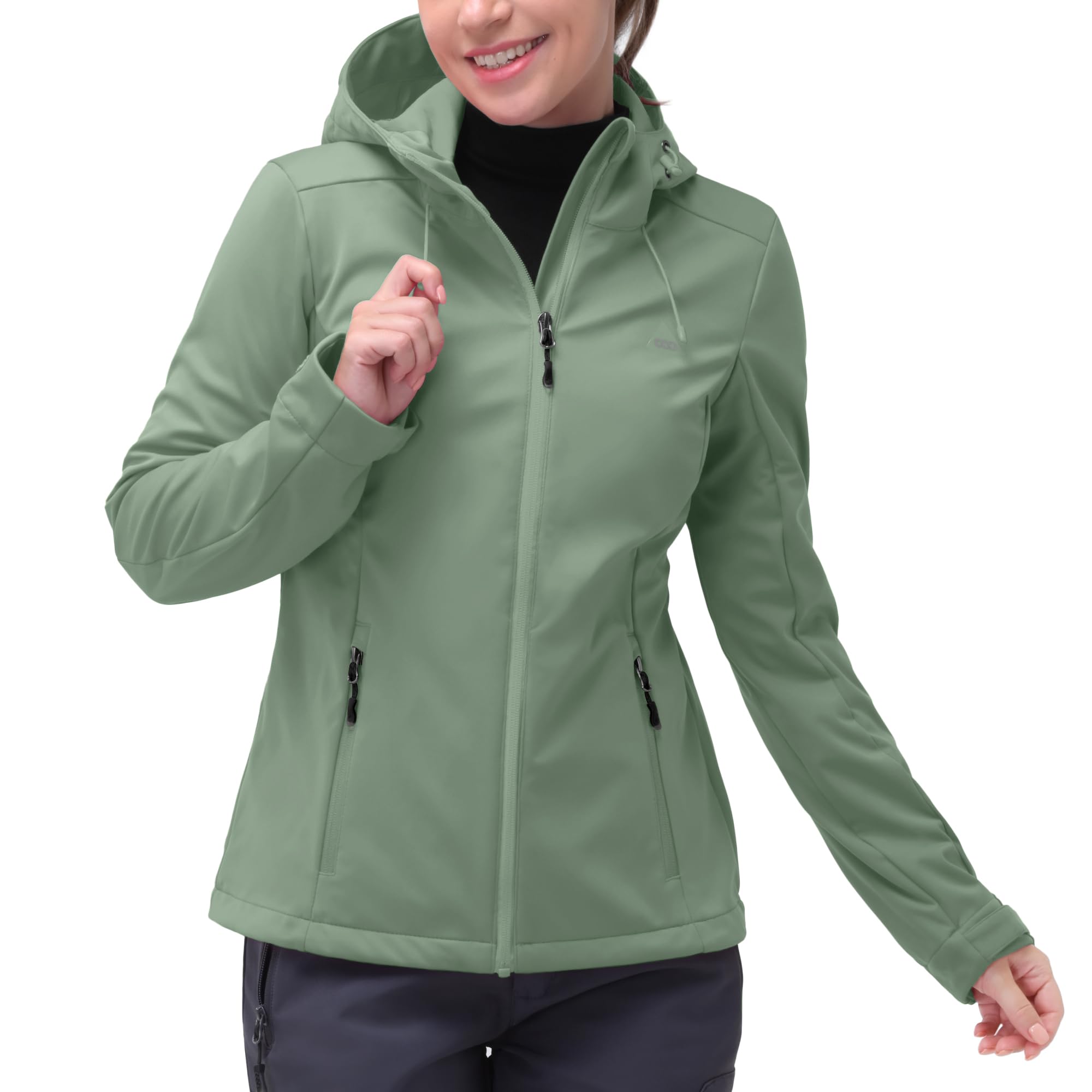 33,000ft Damen Softshelljacke Wasserdichte Winddichte Funktionsjacke Atmungsaktive Übergangsjacke Leichte Fahrradjacke mit Kapuze Windbreaker zum Laufen, Radfahren, Wandern,Grün 38