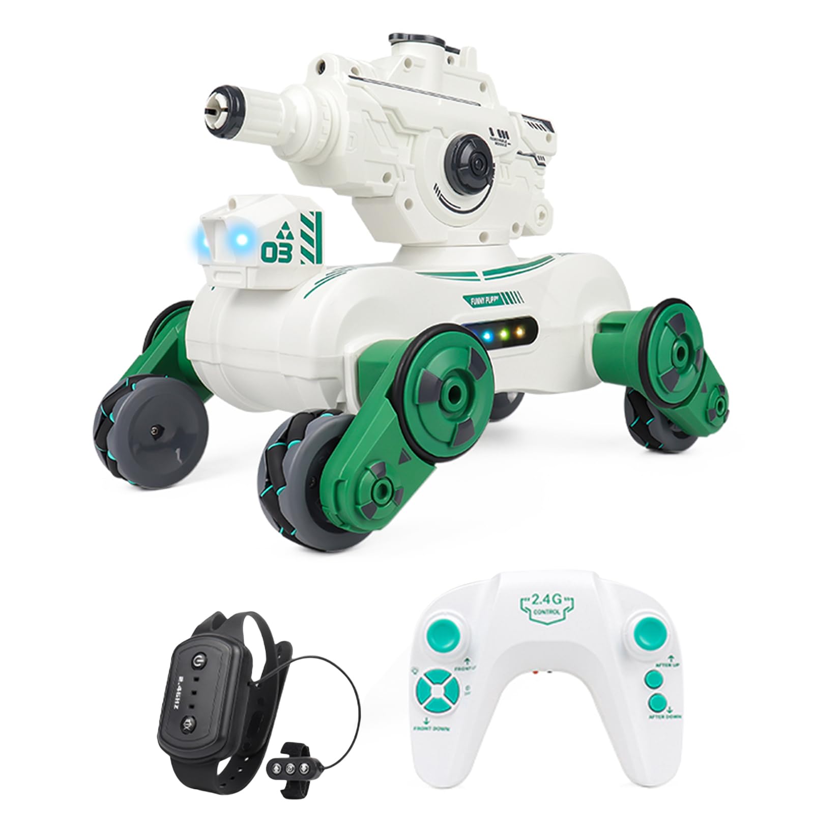 OUNA Remote Control Car, 360° Rotating Remote Control Spray Tank Toy Shooting Water Bomb, 2.4G Rechargeable Gesture Sensing Remote Control Stunt Car Gifts for Kids Boys Girls, White