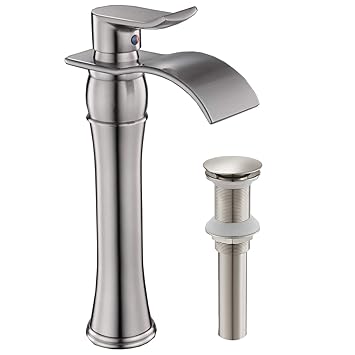 Bathfinesse Waterfall Spout Single Handle One Hole Bathroom Vessel Sink Faucet Matching Pop Up Drain Without Overflow Brushed Nickel