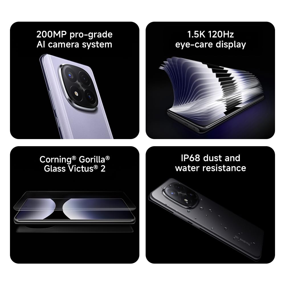 XIAOMI Smartphone Redmi Note 14 Pro+ 5G, 12+512GB, fotocamera AI di livello professionale da 200MP, IP68, HyperCharge da 120W, funzionalità AI (caricabatterie non incluso), Viola