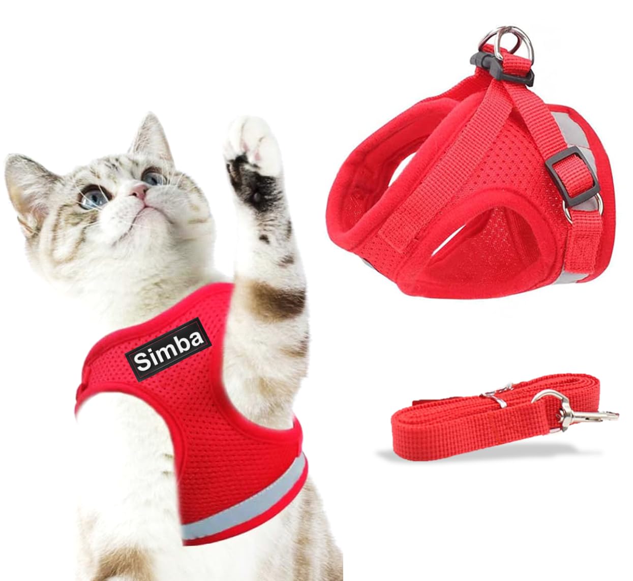 cat Harness with Leash and Name Customized for Kitten Small Medium Big Adult Cats pet Adjustable Body Reflective Vest Harness with Leash Belt Combo (with Personalized Cat Name) (Red)