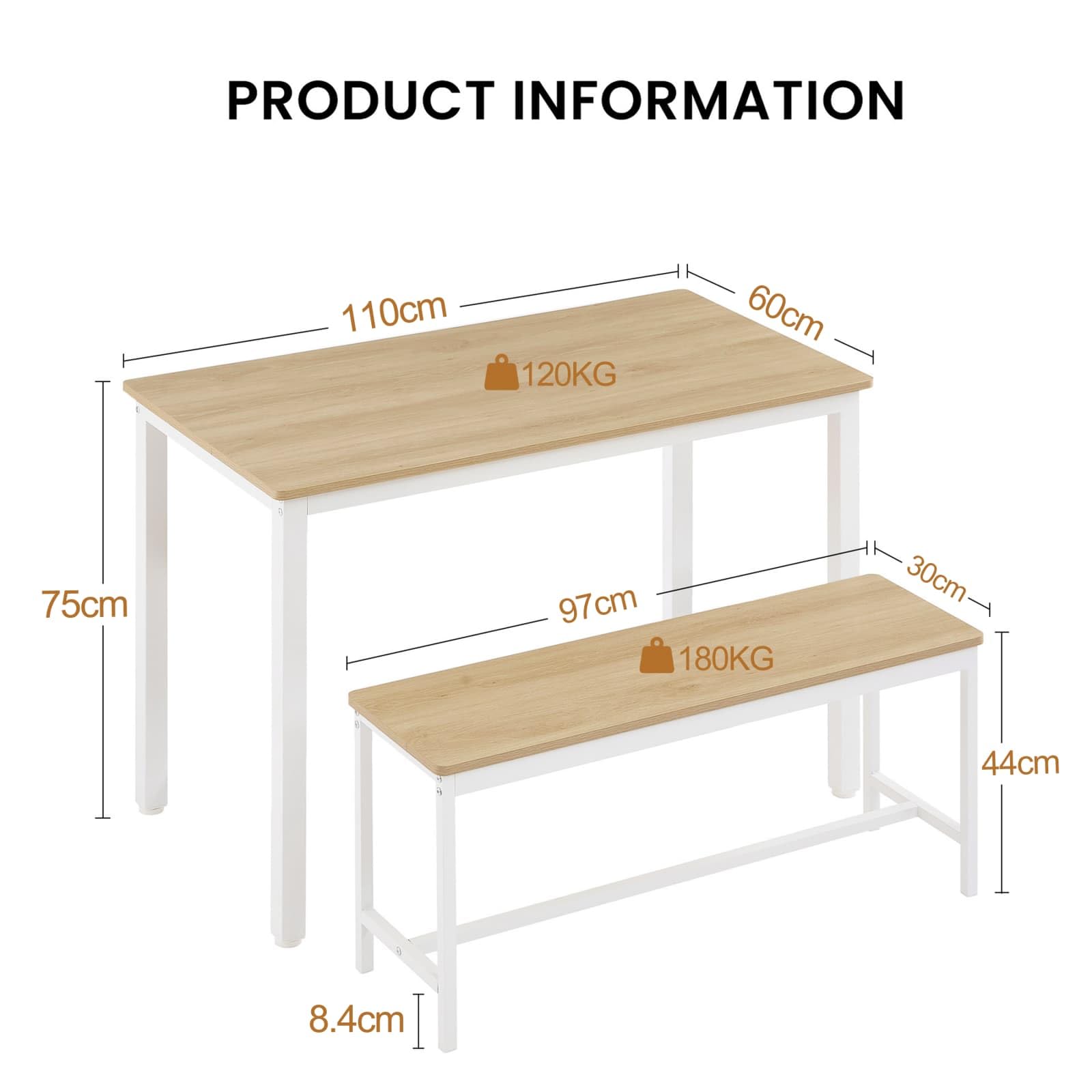 Table à Manger Moderne avec 2 Banc,Ensemble Table et Chaises 4 Personnes,Style Industriel,110x60x75cm,pour Salle à Manger Salon et Balcon (Blanc-E)