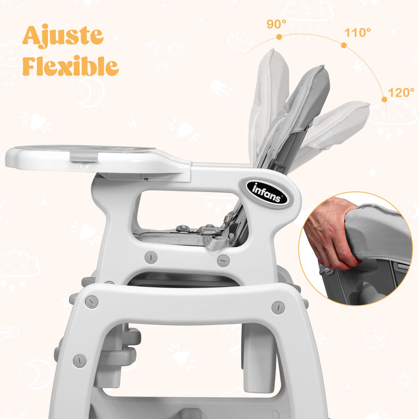 RELAX4LIFE 5 en 1 Trona Evolutiva Bebe con 4 Ruedas Bloqueables, Doble Bandeja Extraíble, Respaldo Ajustable y Cinturón de Seguridad, Trona Portátil para Niños de 6-36 Meses, Carga 20kg (Gris)
