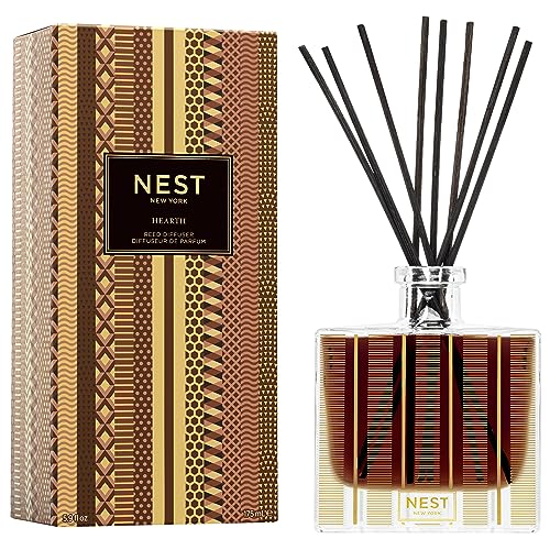 NEST New York Reed Diffuser, Hearth - 5.9 fl oz - Fragrance for Up to 90 Days - Reusable, Refillable Glass Holder - Includes 8 All-Natural Reed Sticks - Flame Free