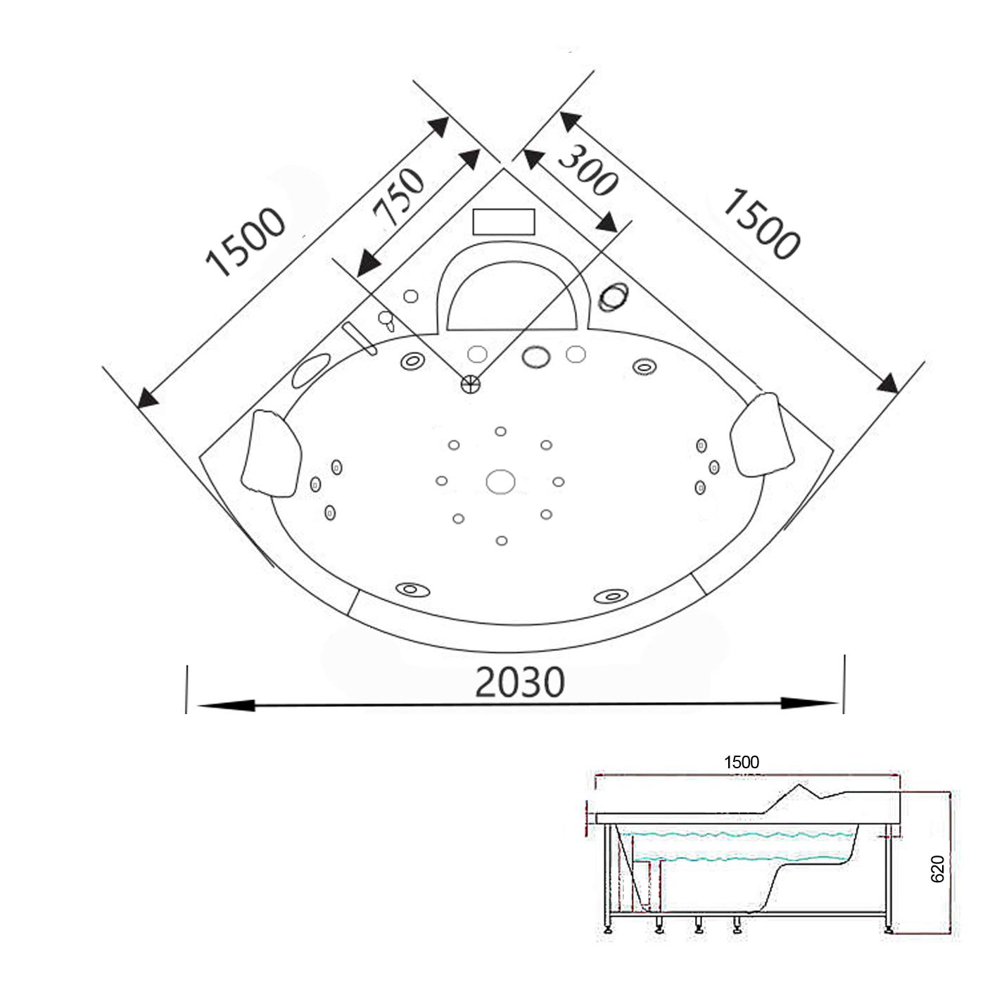VASCA BAGNO IDROMASSAGGIO CROMOTERAPIA SPA DOPPIA POMPA 150 x 150 cm Athena