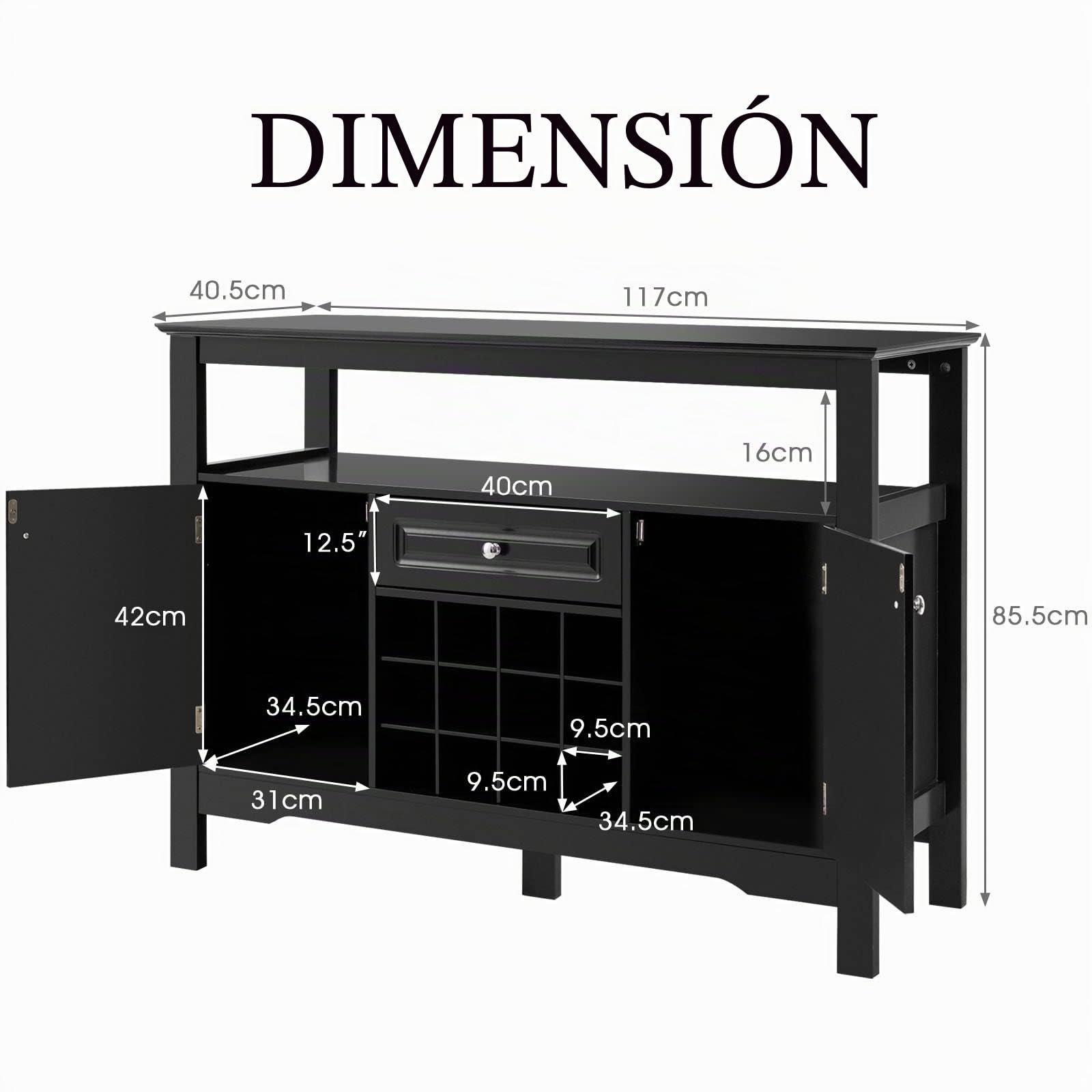 LIFEZEAL Aparador de Cocina con 12 estantes para vinos (Negro)