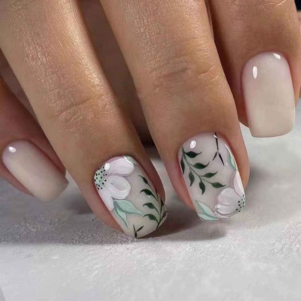 Press on Nails Short Square Fake Nails with Flower Leaf Designs White Acrylic Nails Green Full Cover Glue on Nails Glossy Artificial Nails Spring