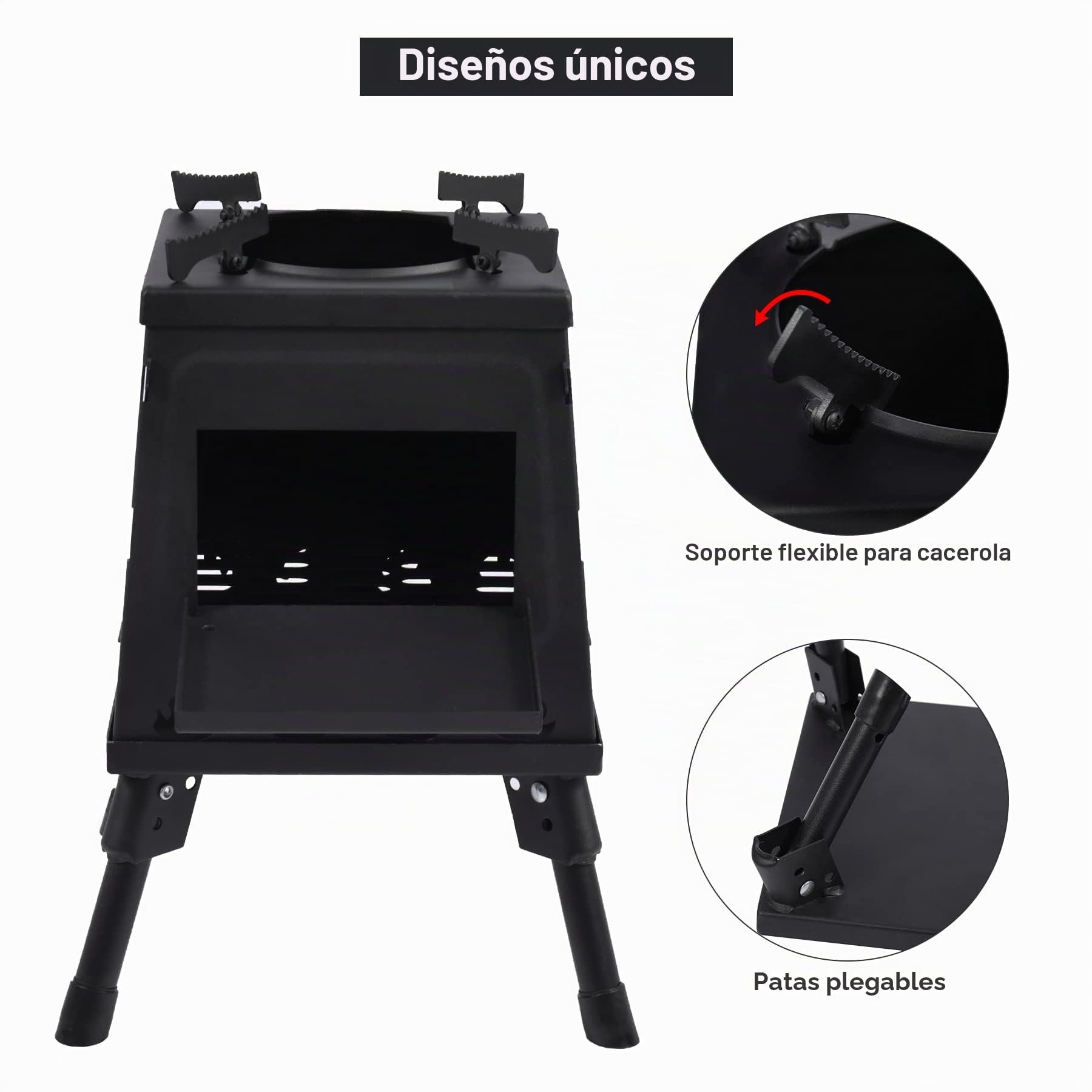 Estufa de Leña Portátil de Hierro Fundido para Camping, Negra Con Funda de Transporte para Mochileros, Cocina Al Aire Libre, Grande