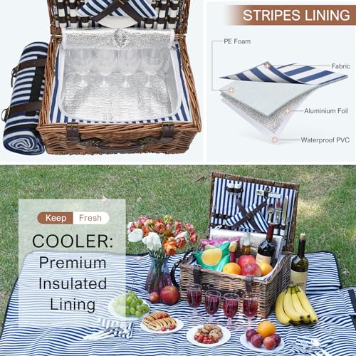 Image of Picnic Basket for 4 Persons - Baskets with Cooler and Picnic Blanket, Classical Wicker Picnic Basket with Waterproof & Sand-Proof Beach Mat,Willow Hamper Service Gift Set